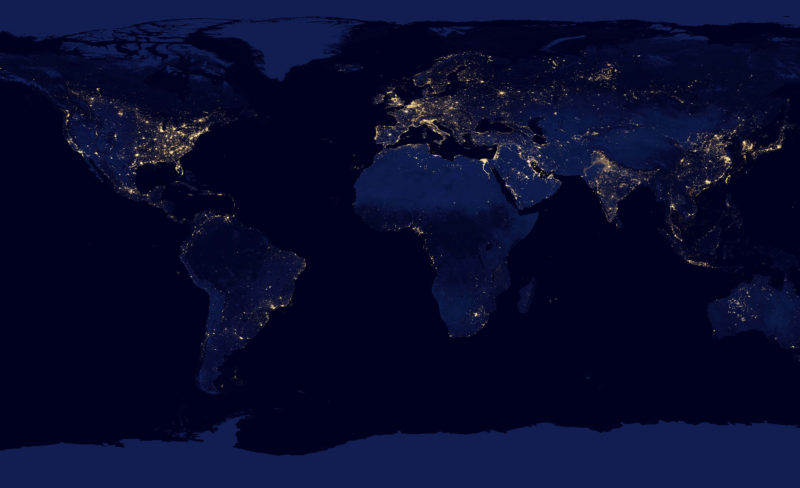 Composite map of the world at night, assembled by by NASA Earth Observatory/NOAA NGDC from data acquired by the Suomi NPP satellite in April and October 2012. 