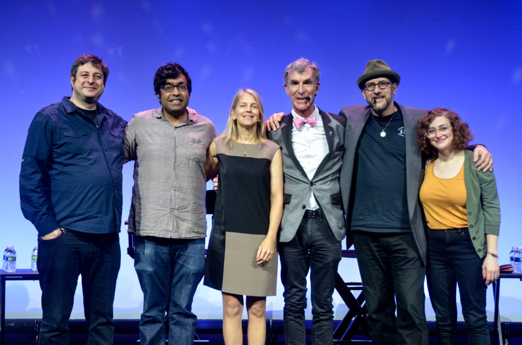 Photo by Elliot Severn of StarTalk Live! at Awesome Con cast, featuring Eugene Mirman, Hari Kondabalu, Dr. Dava Newman, Bill Nye, Dr. David Grinspoon, and Jo Firestone.