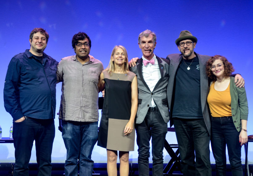 Photo by Elliot Severn of StarTalk Live! at Awesome Con cast, featuring Eugene Mirman, Hari Kondabalu, Dr. Dava Newman, Bill Nye, Dr. David Grinspoon, and Jo Firestone.