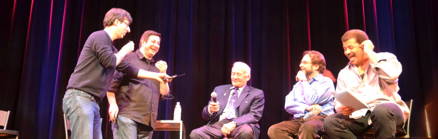 Stacey Severn's photo of John Oliver, Eugene Mirman, Buzz Aldrin, Andrew Chaikin, and Neil deGrasse Tyson onstage at StarTalk Live at Town Hall.