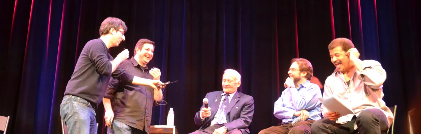 Stacey Severn's photo of John Oliver, Eugene Mirman, Buzz Aldrin, Andrew Chaikin, and Neil deGrasse Tyson onstage at StarTalk Live at Town Hall.