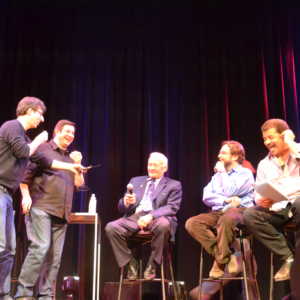 Stacey Severn's photo of John Oliver, Eugene Mirman, Buzz Aldrin, Andrew Chaikin, and Neil deGrasse Tyson onstage at StarTalk Live at Town Hall.