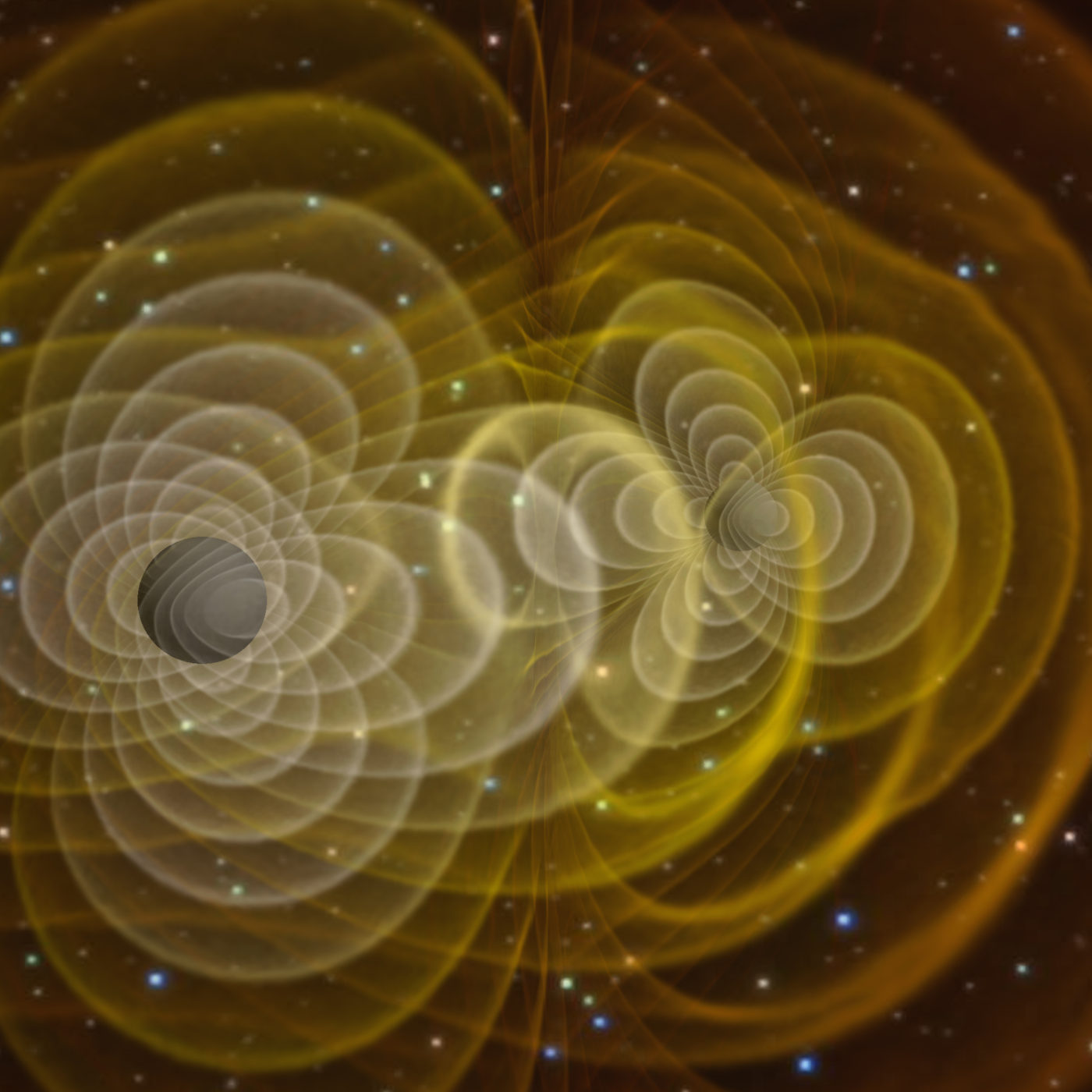 An image illustrating gravitational waves created by the collision of two black holes. Credit: Henze/NASA.
