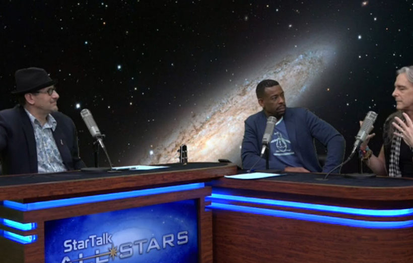 Photo of David Grinspoon, Chuck Nice, and Carter Emmart in the StarTalk All-Stars studio.