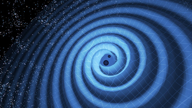 Illustration of the gravitational waves caused by the merger of two black holes. Credit: LIGO/T. Pyle.