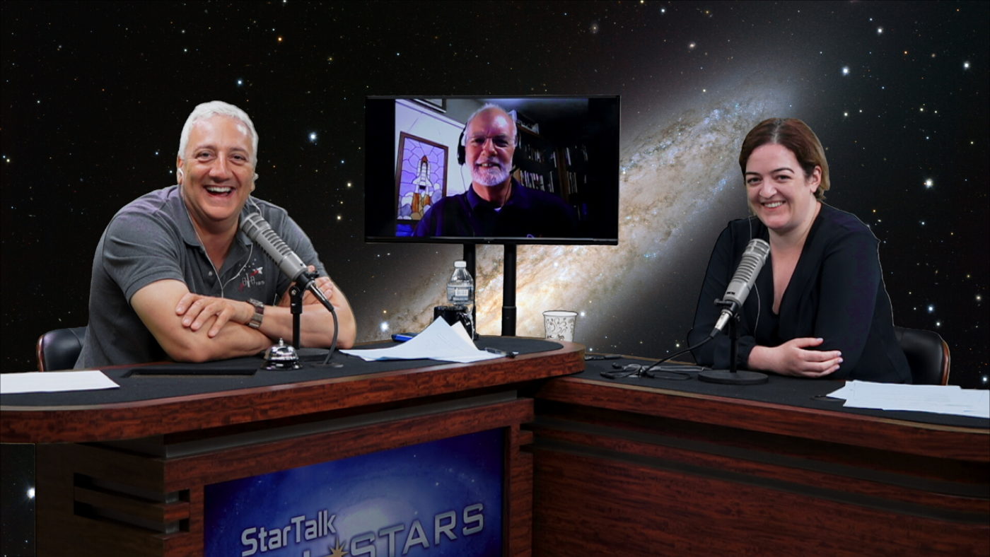 Photo of host Mike Massimino, guest John Charles and co-host Maeve Higgins in studio recording "Putting Humans on Mars - StarTalk All-Stars."