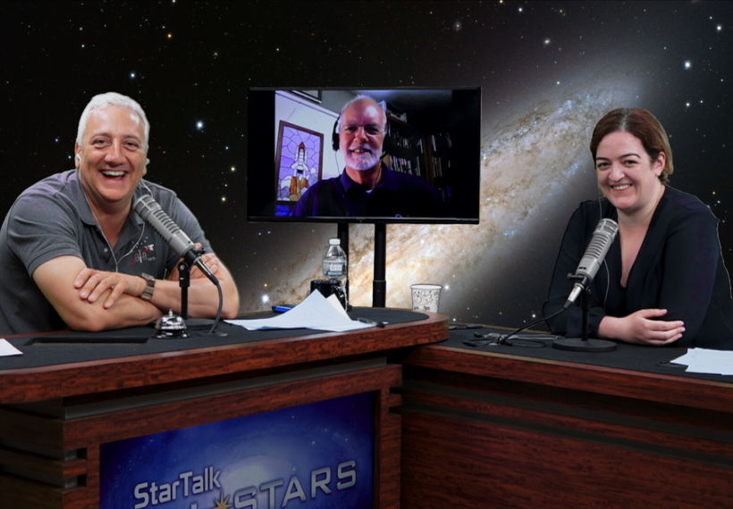 Photo of host Mike Massimino, guest John Charles and co-host Maeve Higgins in studio recording "Putting Humans on Mars - StarTalk All-Stars."