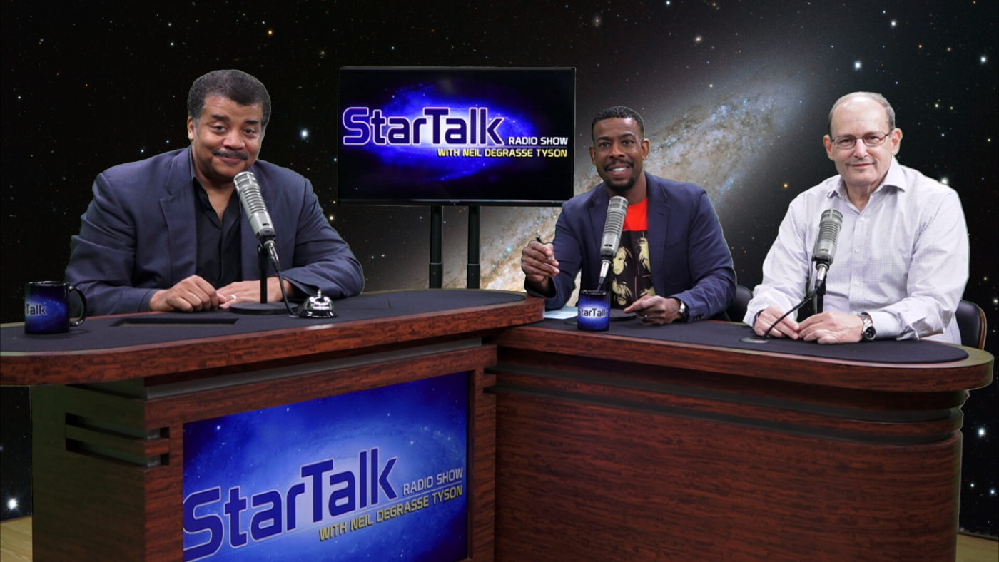Photo of Neil deGrasse Tyson, Chuck Nice and Paul Steinhardt in the StarTalk recording studio.