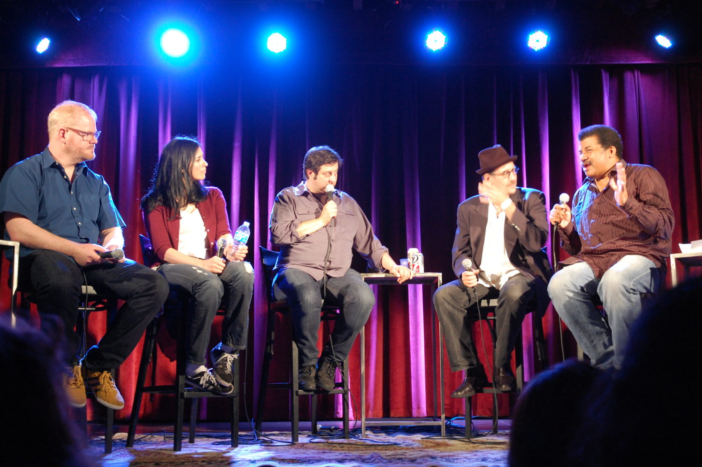 Photo by Stacey Severn of StarTalk Live! onstage at the Bell House, featuring Jim Gaffigan, Sarah Silverman, Eugene Mirman, David Grinspoon, Neil deGrasse Tyson..