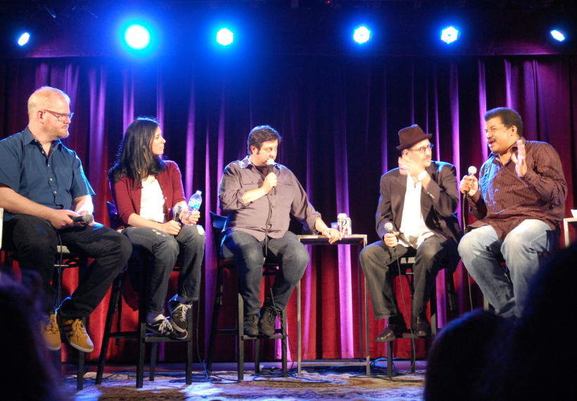 Photo by Stacey Severn of StarTalk Live! onstage at the Bell House, featuring Jim Gaffigan, Sarah Silverman, Eugene Mirman, David Grinspoon, Neil deGrasse Tyson..