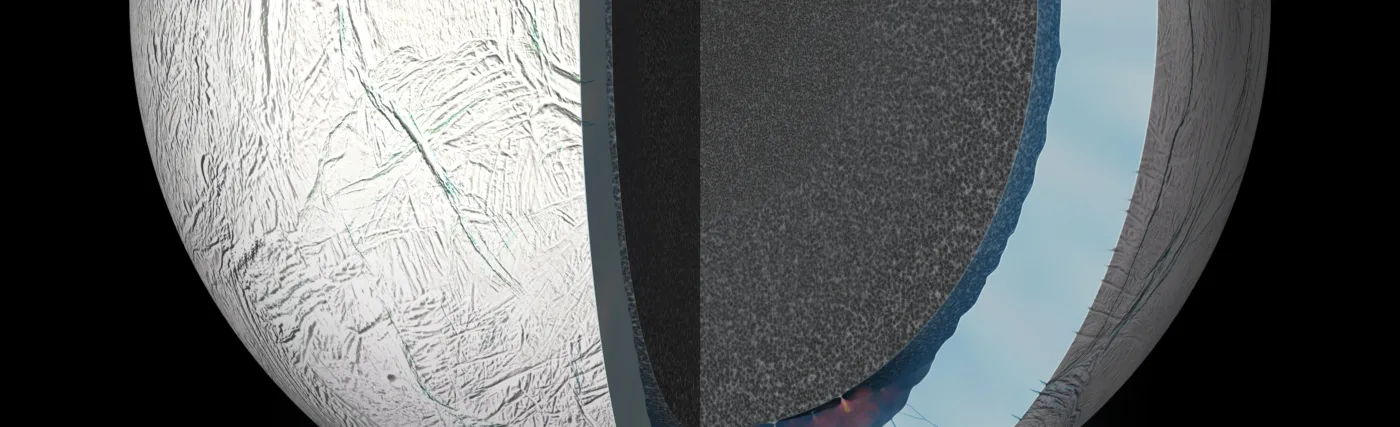 NASA/JPL-Caltech Artist’s rendering showing a cutaway view into the interior of Saturn’s moon Enceladus.