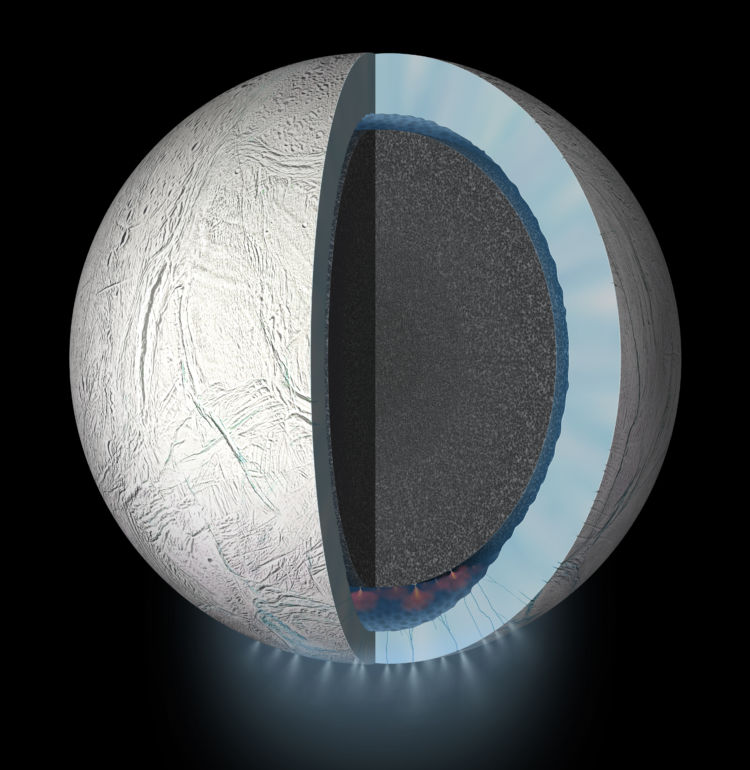 NASA/JPL-Caltech Artist’s rendering showing a cutaway view into the interior of Saturn’s moon Enceladus.