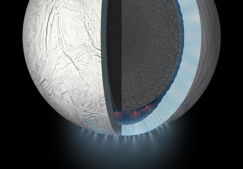 NASA/JPL-Caltech Artist’s rendering showing a cutaway view into the interior of Saturn’s moon Enceladus.
