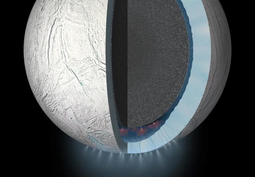 NASA/JPL-Caltech Artist’s rendering showing a cutaway view into the interior of Saturn’s moon Enceladus.