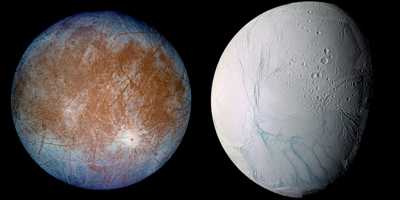 NASA images of Jupiter's moon, Europa, on the left, and Saturn's moon, Enceladus, on the right.
