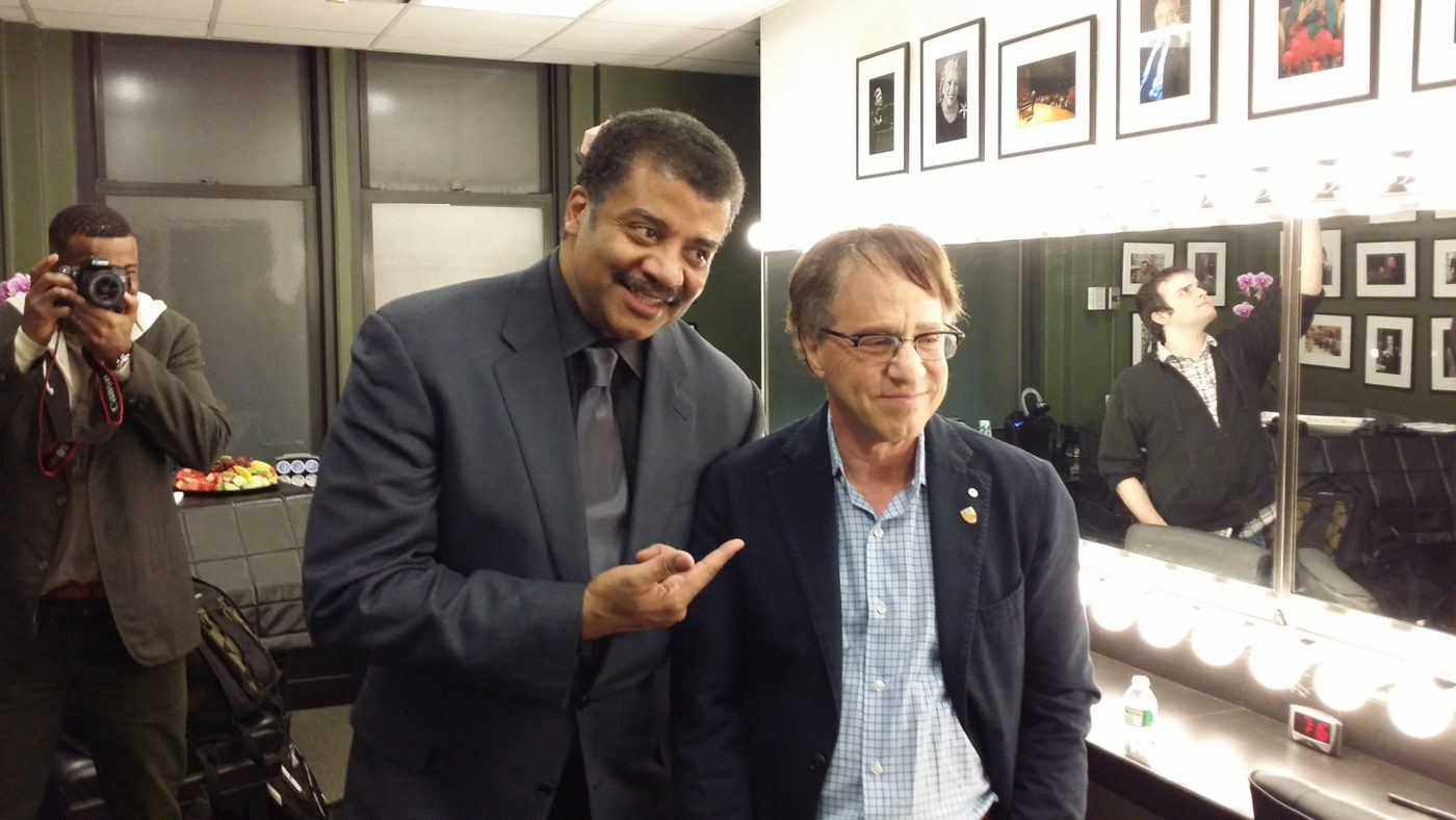 Photo by Jeffrey Simons of Neil deGrasse Tyson and Ray Kurzweil before the show at the 92nd St Y.