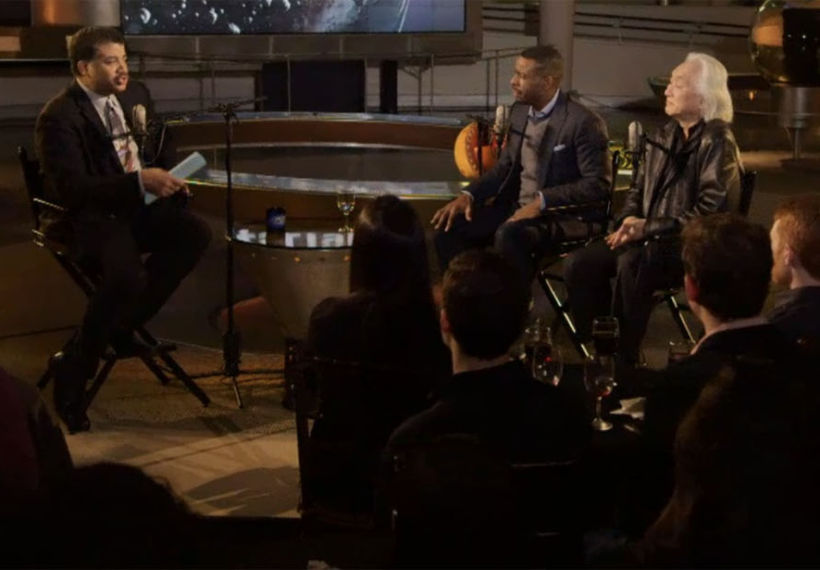 Photo of Neil deGrasse Tyson, Chuck Nice and Michio Kaku on the StarTalk set at the Museum of Natural History. Image courtesy of National Geographic Channel.