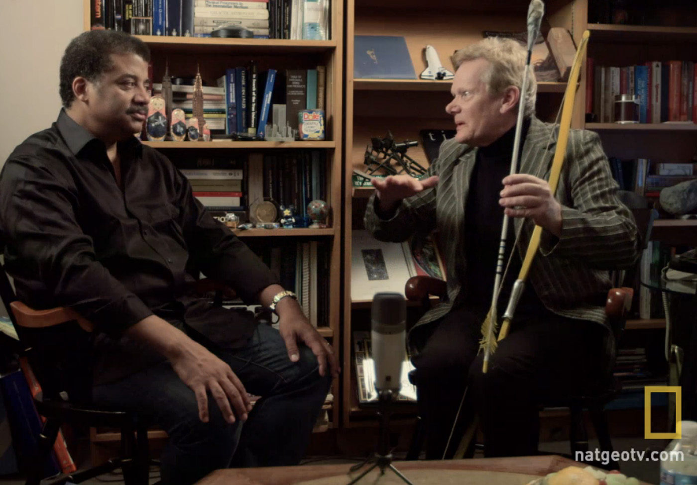Screen grab from Natinal Geographic Channel showing Neil deGrasse Tyson and Philippe Petit.