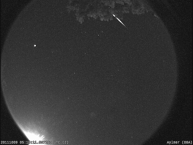 Photo of a Draconid meteor, via NASA, Credit: UWO Meteor Physics Group)..