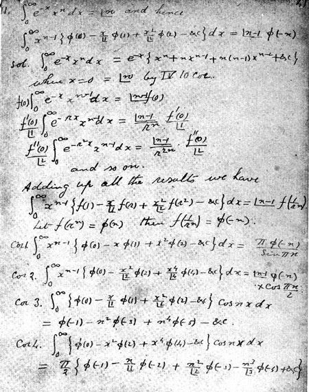 A page from Ramanujan's notebook showing his master theorem, courtesy of Wikipedia.
