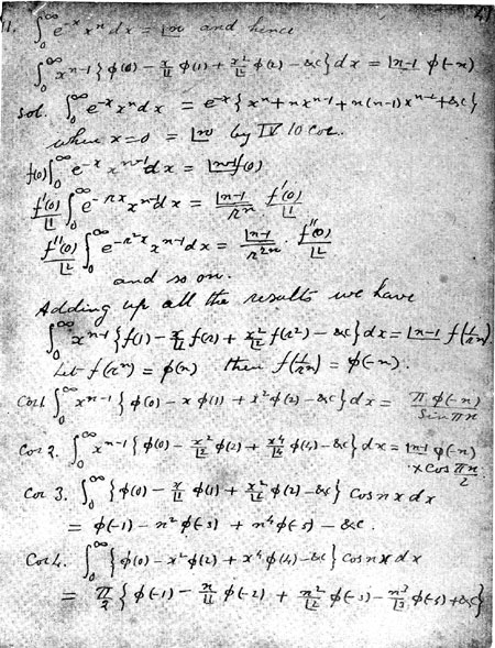 A page from Ramanujan's notebook showing his master theorem, courtesy of Wikipedia.