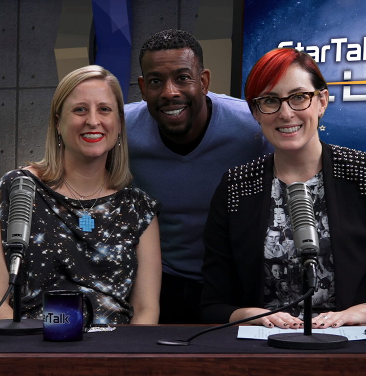 Ben Ratner’s photo of StarTalk All-Stars Emily Rice and Summer Ash in studio with co-host Chuck Nice.