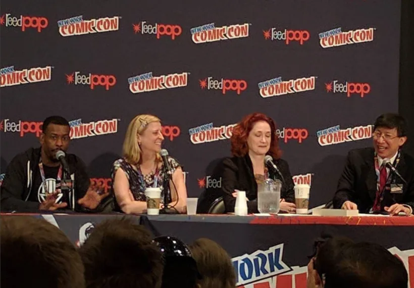 Photo of the StarTalk All-Stars panel at NY Comic Con 2016, showing Chuck Nice, Emily Rice, PJ Manney and Charles Liu, taken by Voicemelee on Instagram.