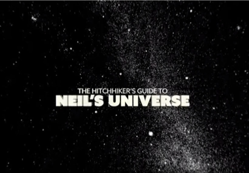 Screen capture of title screen for StarTalk Radio's 360 VR video on YouTube, The Hitchhiker's Guide to Neil's Universe