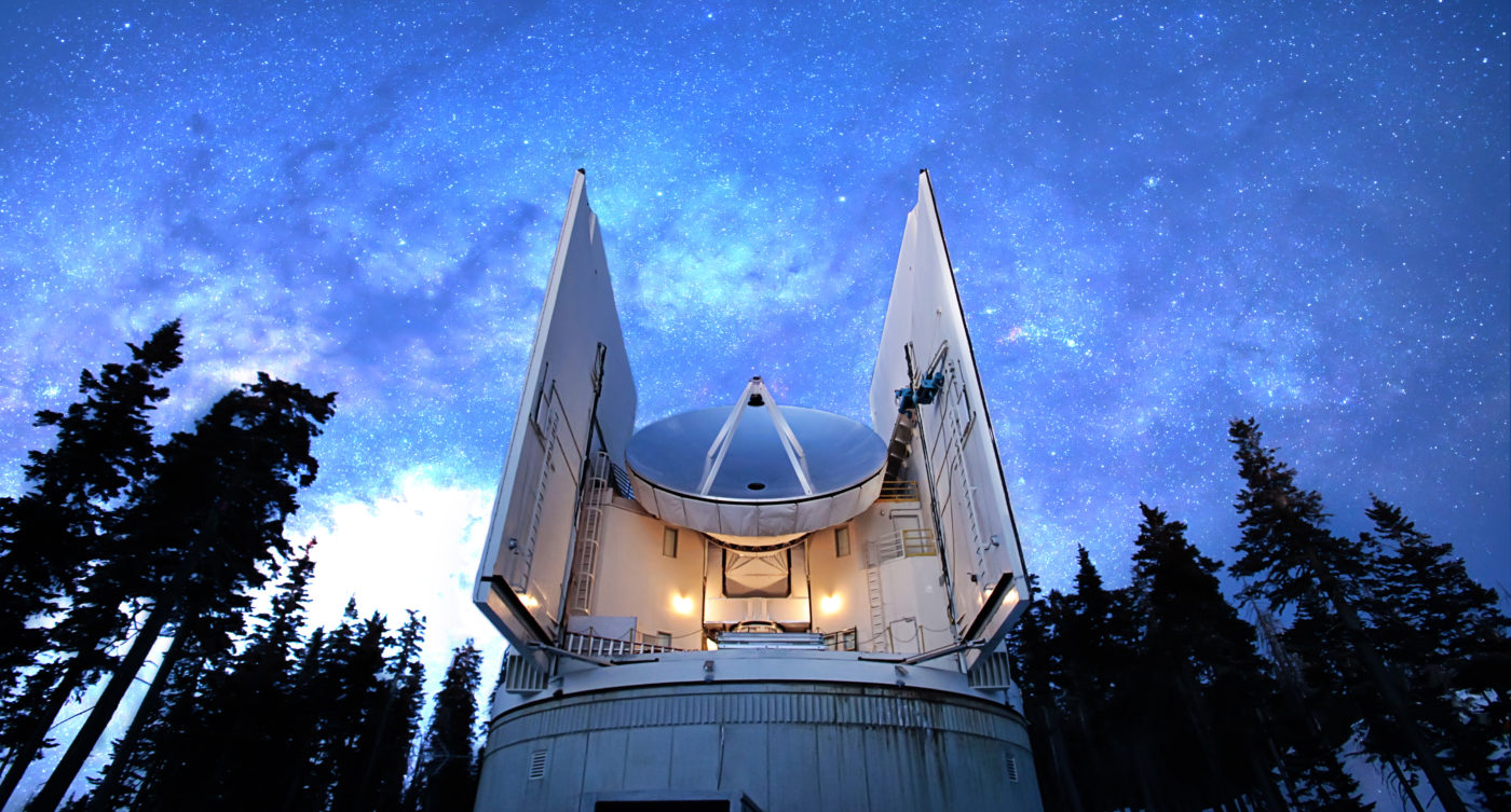 Photo by Dave Harvey of the Arizona Radio Observatory Submillimeter Telescope (SMT) on Mt. Graham.