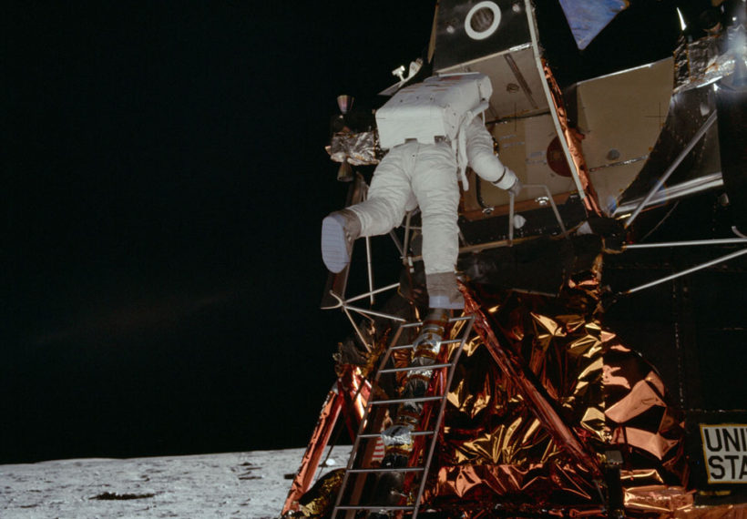 Photo of Buzz Aldrin stepping down the ladder of the Lunar Module, taken by Neil Armstrong on 7-20-1969. Credit: NASA.