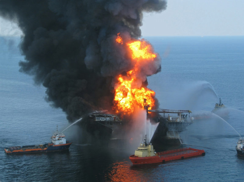 US Coast Guard photo of the Deepwater Horizon burning in the Gulf of Mexico, courtesy of Wikimedia Commons.