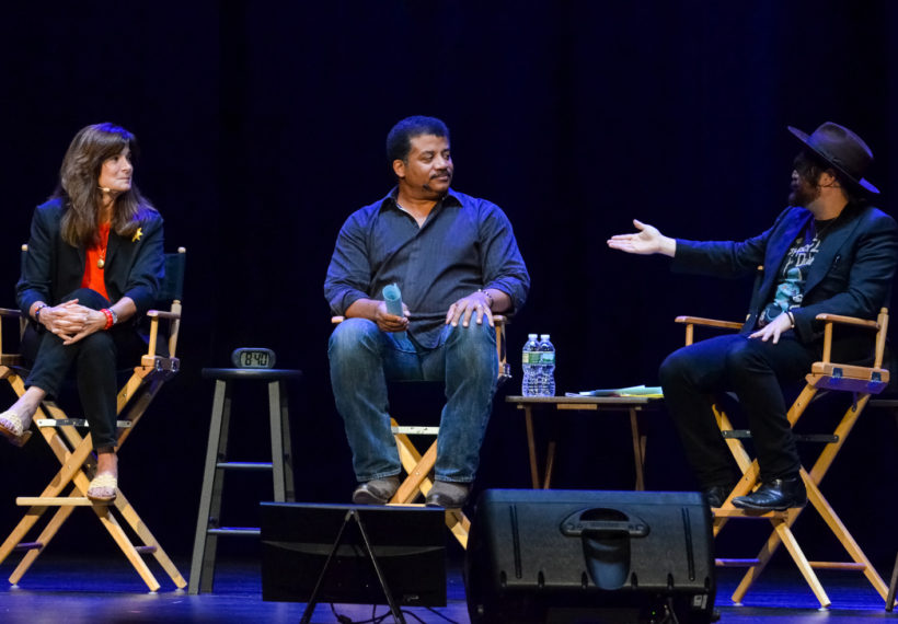 Elliot Severn's photo of Sean Ono Lennon making a point to Neil deGrasse Tyson and Carolyn Porco at StarTalk Live!