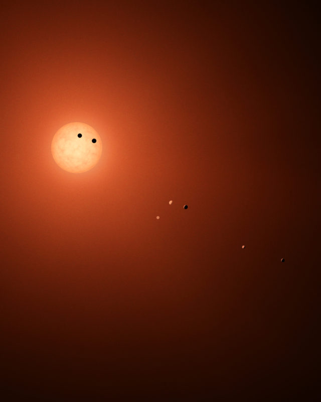 An artist’s depiction of the TRAPPIST-1 system. Credit: NASA/JPL-Caltech/R. Hurt (IPAC).