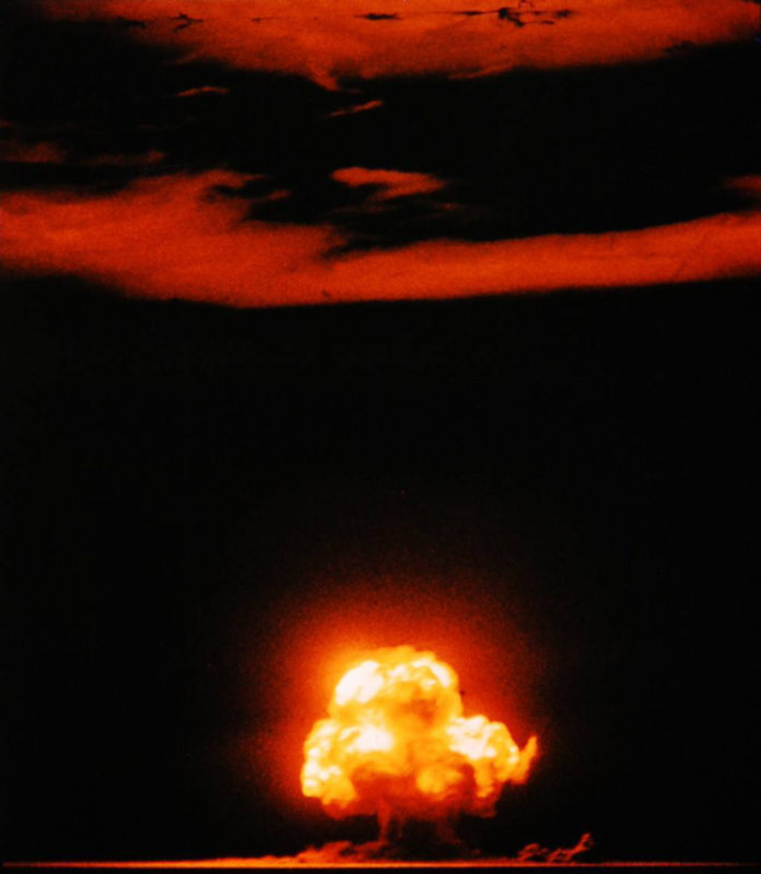 Photo of Trinity atomic bomb test by Jack W. Aeby, July 16, 1945, via Wikimedia Commons