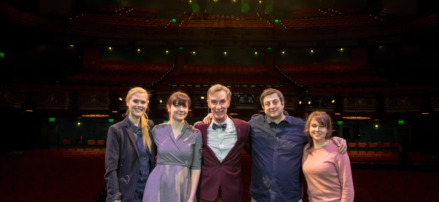 Jakub Mosur’s photo of Janet Varney, Ariel Waldman, Bill Nye, Eugene Mirman, and Claudia O’Doherty onstage before StarTalk Live! at SF Sketchfest 2017.