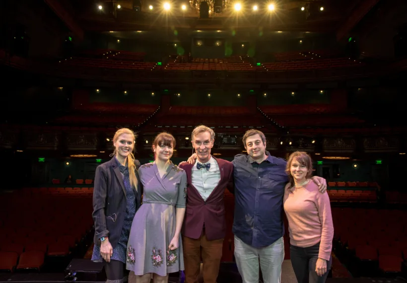 Jakub Mosur’s photo of Janet Varney, Ariel Waldman, Bill Nye, Eugene Mirman, and Claudia O’Doherty onstage before StarTalk Live! at SF Sketchfest 2017.