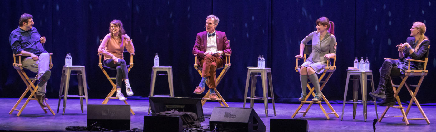 Jakub Mosur’s photo of StarTalk Live! onstage at SF Sketchfest 2017 showing Eugene Mirman, Claudia O’Doherty, Bill Nye, Ariel Waldman, and Janet Varney. ©Jakub Mosur.