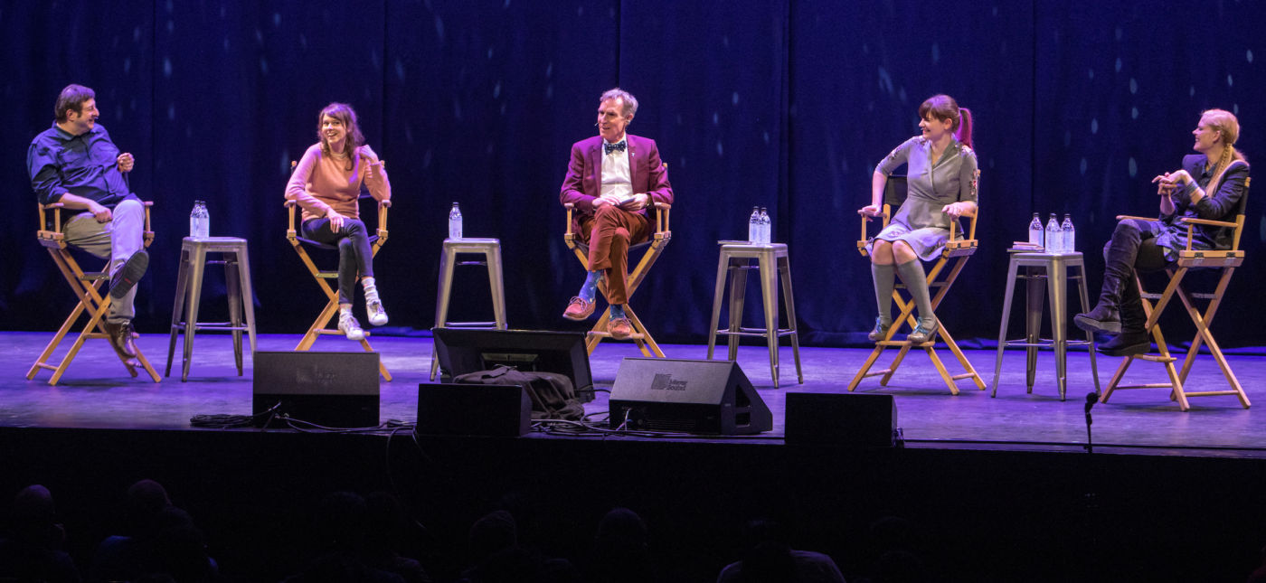 Jakub Mosur’s photo of StarTalk Live! onstage at SF Sketchfest 2017 showing Eugene Mirman, Claudia O’Doherty, Bill Nye, Ariel Waldman, and Janet Varney. ©Jakub Mosur.