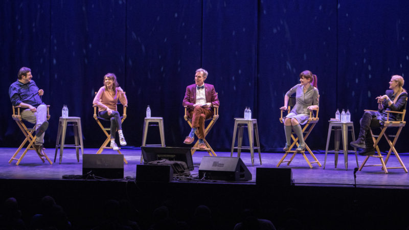 Jakub Mosur's photo of StarTalk Live! on stage at SF Sketchfest 2017. Left to Right: Eugene Mirman, Claudia O’Doherty, Bill Nye, Ariel Waldman, Janet Varney