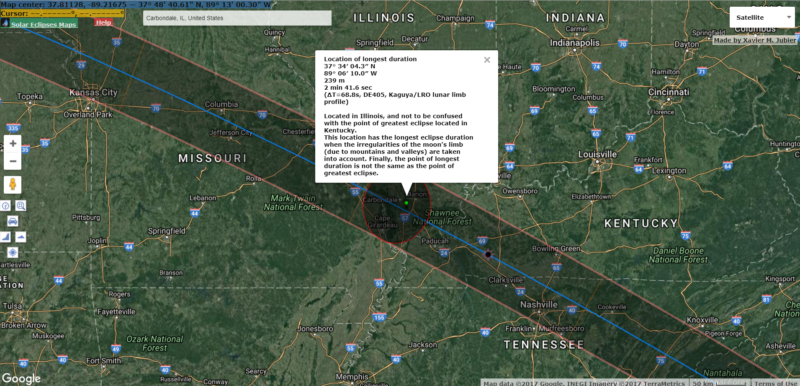 interactive map of eclipse path showing Carbondale, IL made by Xavier M Jubier 