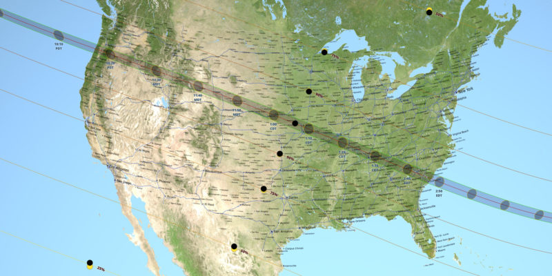 Map showing the path of totality of the August 21, 2017 total solar eclipse, created by the Credit_NASA Scientific Visualization Studio.