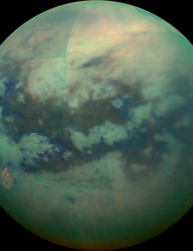 Infrared composite image of Titan taken by the Cassini spacecraft in 2015. Credit: NASA/JPL/University of Arizona/University of Idaho.
