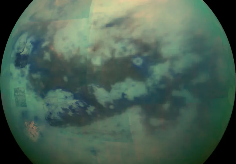 Infrared composite image of Titan taken by the Cassini spacecraft in 2015. Credit: NASA/JPL/University of Arizona/University of Idaho.