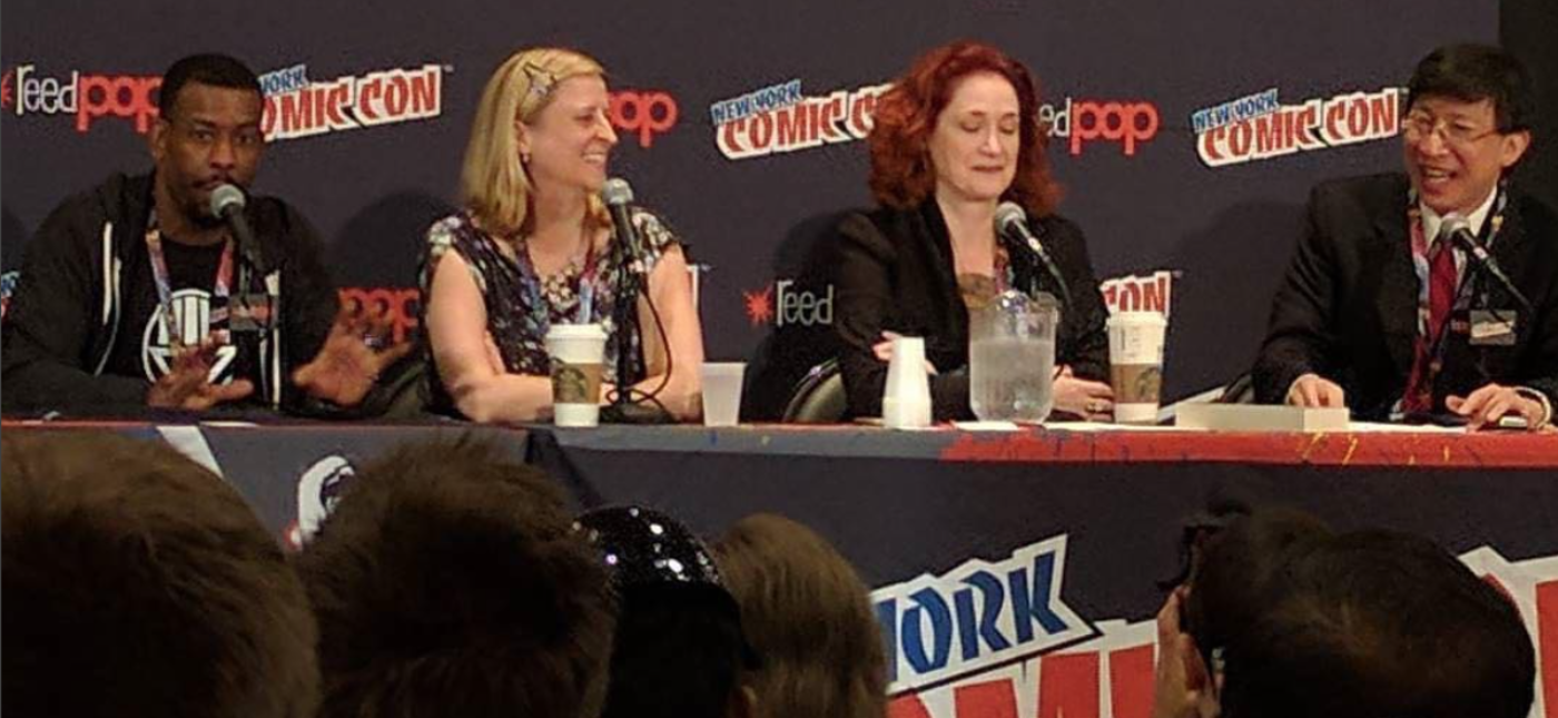 Photo of the StarTalk All-Stars panel at NY Comic Con 2016, showing Chuck Nice, Emily Rice, PJ Manney and Charles Liu, taken by Voicemelee on Instagram.