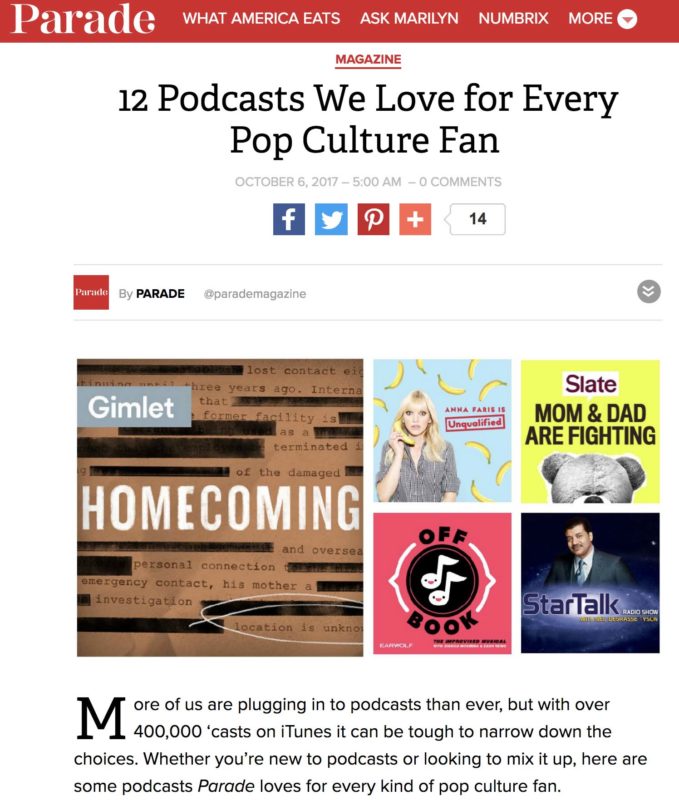 Screen capture from Parade Magazine article on 10-6-17, 12 Podcasts We Love for Every Pop Culture Fan.