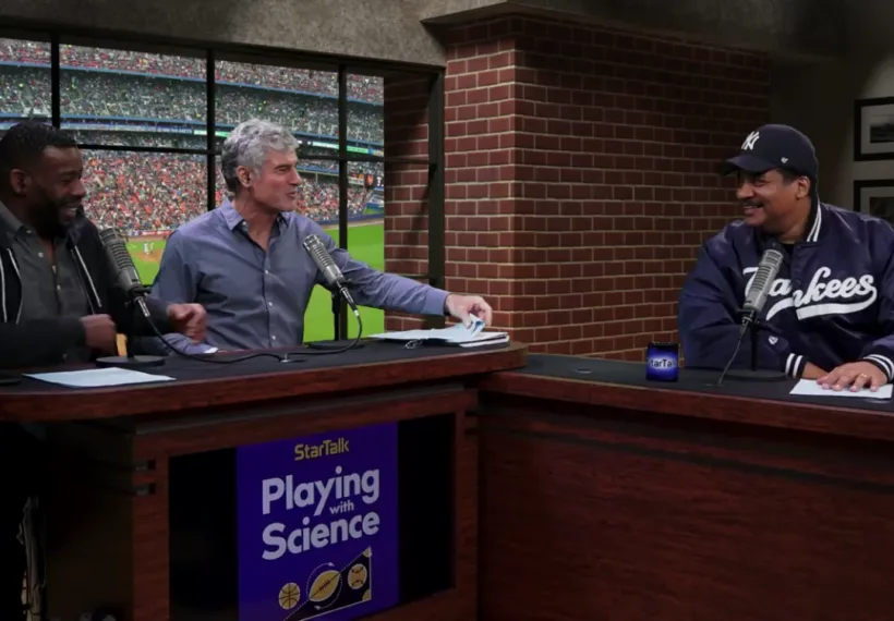 Ben Ratner’s photo of Chuck Nice, Gary O’Reilly, and NY Yankees fan Neil deGrasse Tyson.