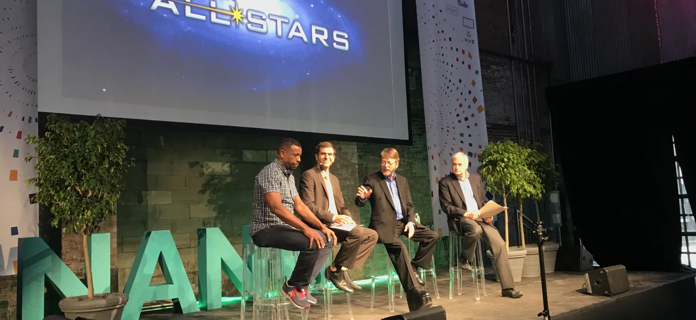 Ben Ratner’s photo of the StarTalk All-Stars onstage at Worlds Fair Nano. Shown, left to right: Chuck Nice, Allen Saakyan, Doug Vakoch, Seth Shostak.