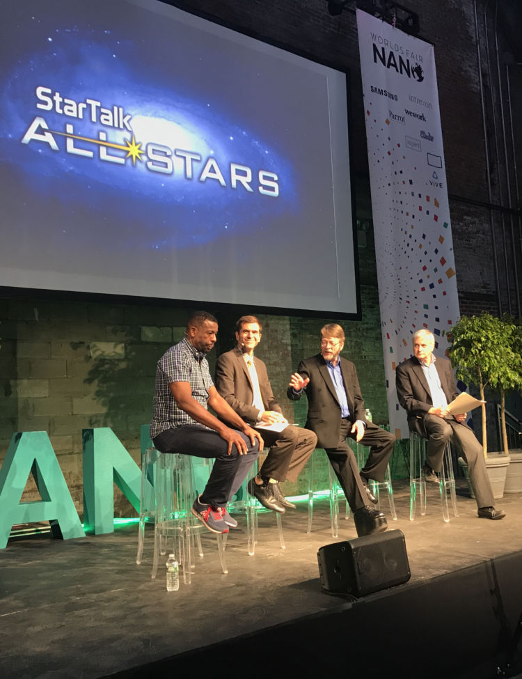 Ben Ratner’s photo of the StarTalk All-Stars onstage at Worlds Fair Nano. Shown, left to right: Chuck Nice, Allen Saakyan, Doug Vakoch, Seth Shostak.