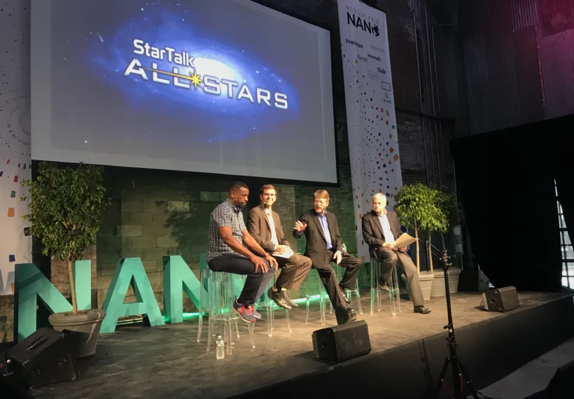 Ben Ratner’s photo of the StarTalk All-Stars onstage at Worlds Fair Nano. Shown, left to right: Chuck Nice, Allen Saakyan, Doug Vakoch, Seth Shostak.