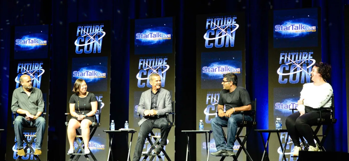 Stacey Severn's photo of the cast of StarTalk Live at FutureCon - Scott Adsit, Katherine Pratt, Chris Hadfield, Suveen Mathaudu, Maeve Higgins.